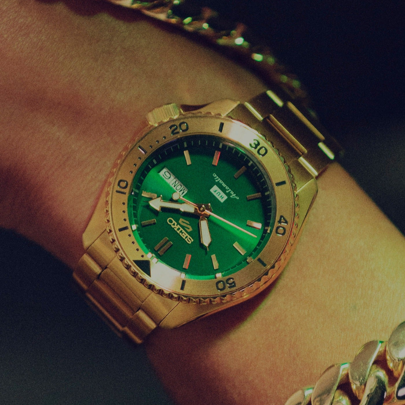 Seiko 5 Sports HUF Limited Edition Green Dial Gold Steel Strap Watch For Men - SRPJ20