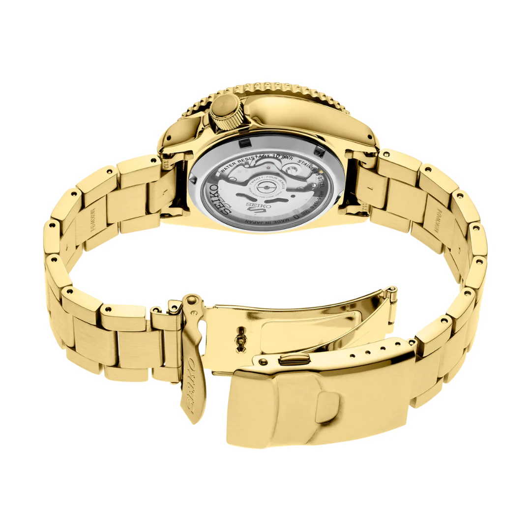 Seiko 5 Sports Automatic Black Dial Gold Steel Strap Watch For Men - SRPK18