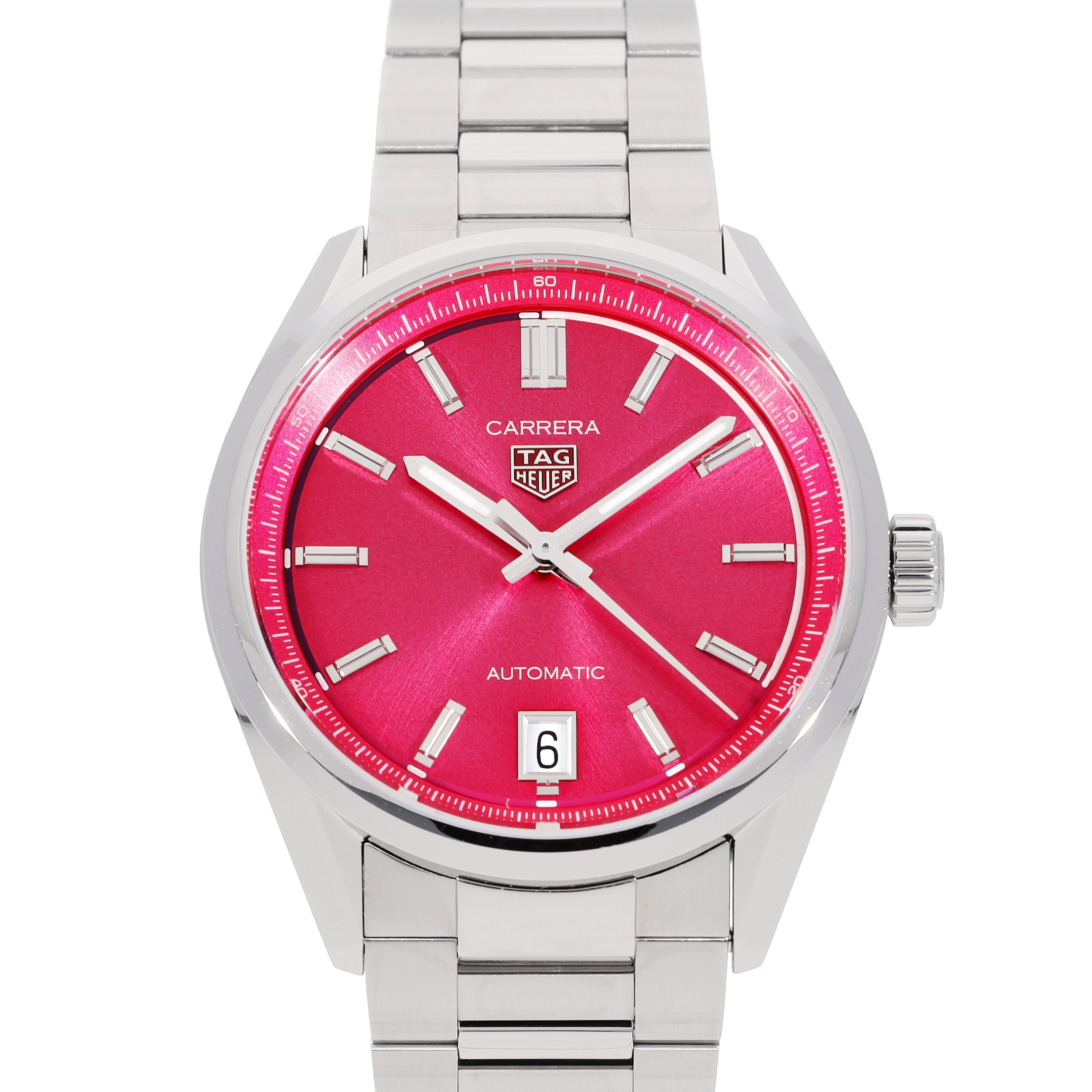 Tag Heuer Carrera Date Automatic 18K Pink Dial Silver Steel Strap Watch for Women - WBN2313.BA0001