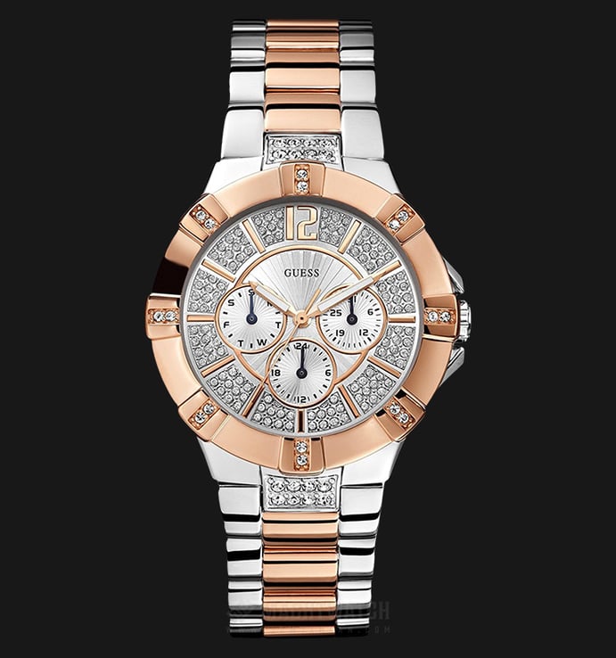 Guess Vista Analog Diamonds Silver Dial Two Tone Steel Strap Watch for Women - W0024L1