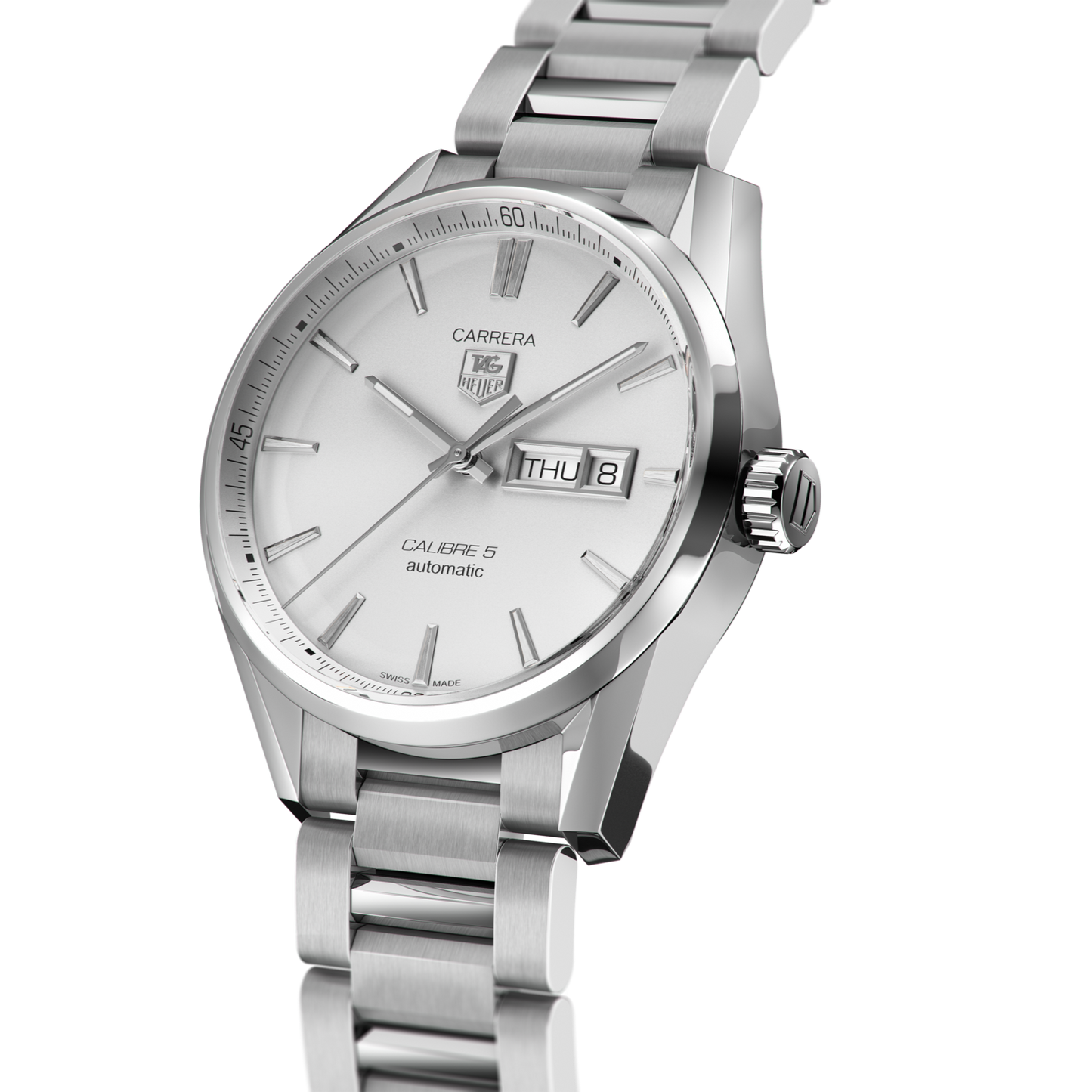 Tag Heuer Carrera Calibre 5 Automatic White Dial Silver Steel Strap Watch for Men - WAR201B.BA0723