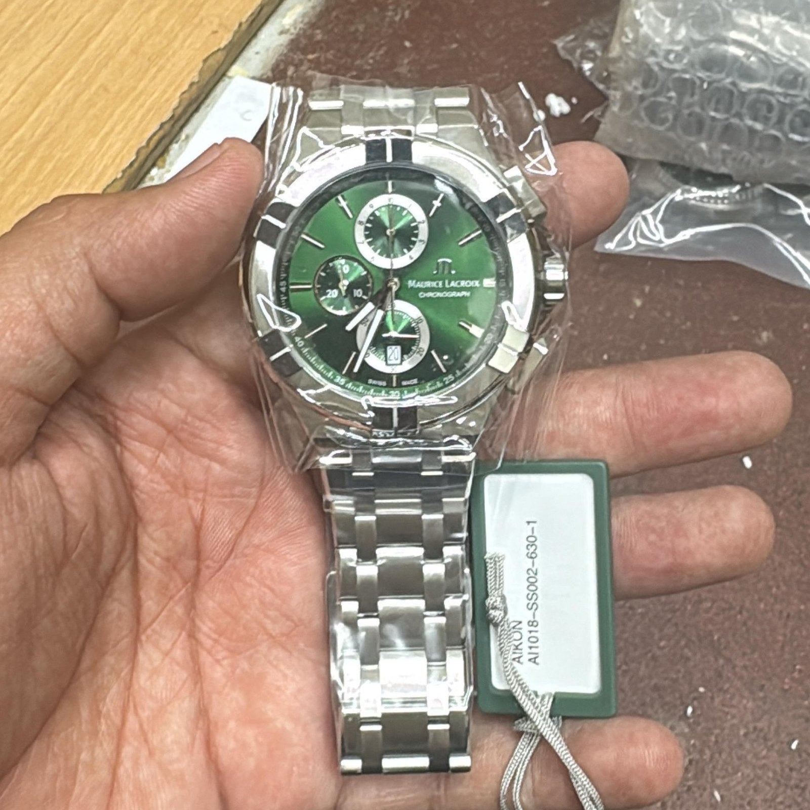 Maurice Lacroix Aikon Chronograph Green Dial Silver Steel Strap Watch For Men - AI1018-SS002-630-1