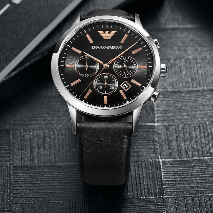 Emporio Armani Giovanni Analog Black Dial Black Leather Strap Watch For Men - AR11431