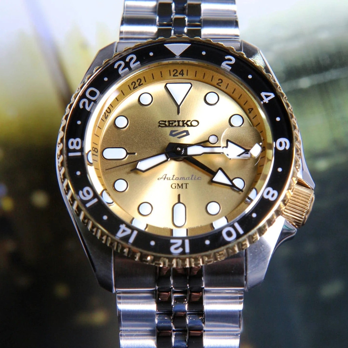 Seiko 5 Sports GMT Automatic 70th Anniversary Taiwan Limited Edition Gold Dial Silver Steel Strap Watch For Men - SSK044K1