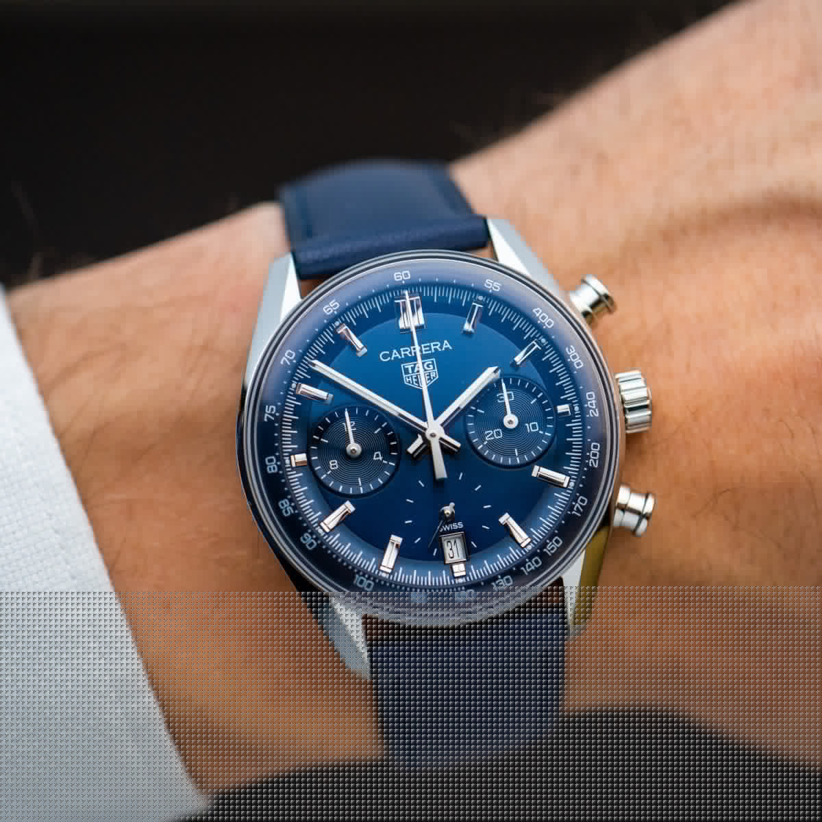 Tag Heuer Carrera Chronograph Blue Dial Blue Leather Strap Watch for Men - CBS2212.FC6535