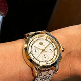 Tory Burch The Tory Chronograph White Dial Maroon Jacquard Strap Watch for Women - TBW1051