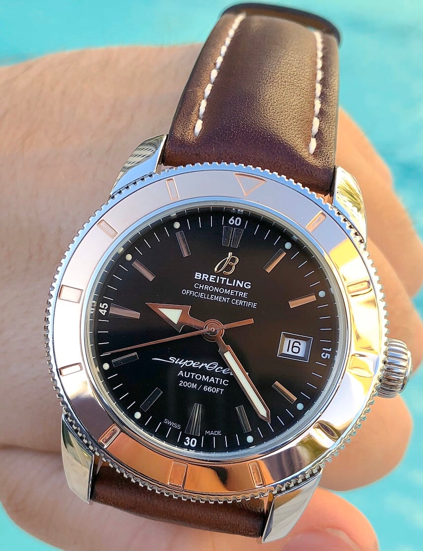 Breitling Superocean Heritage 42mm Rose Gold Chronometer Black Dial Brown Leather Strap Mens Watch - U1732112