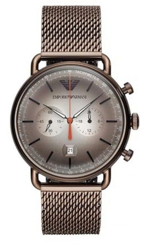 Emporio Armani Aviator Chronograph Grey Dial Brown Mesh Bracelet Watch For Men - AR11169