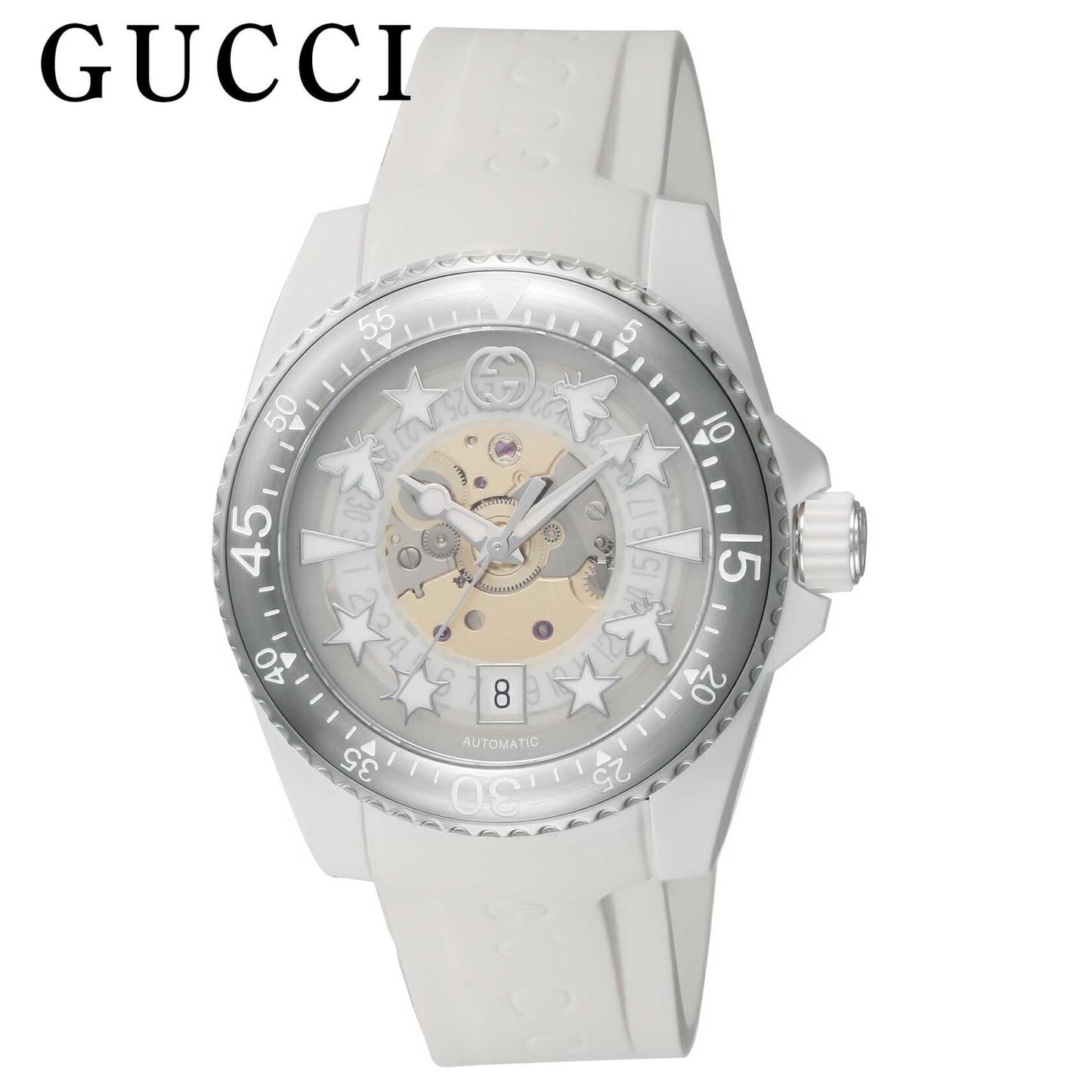 Gucci Dive Automatic Transparent Dial White Rubber Strap Watch For Men - YA136343