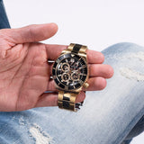 Guess Axle Multifunction Black Dial Gold Steel Strap Watch For Men - GW0488G2