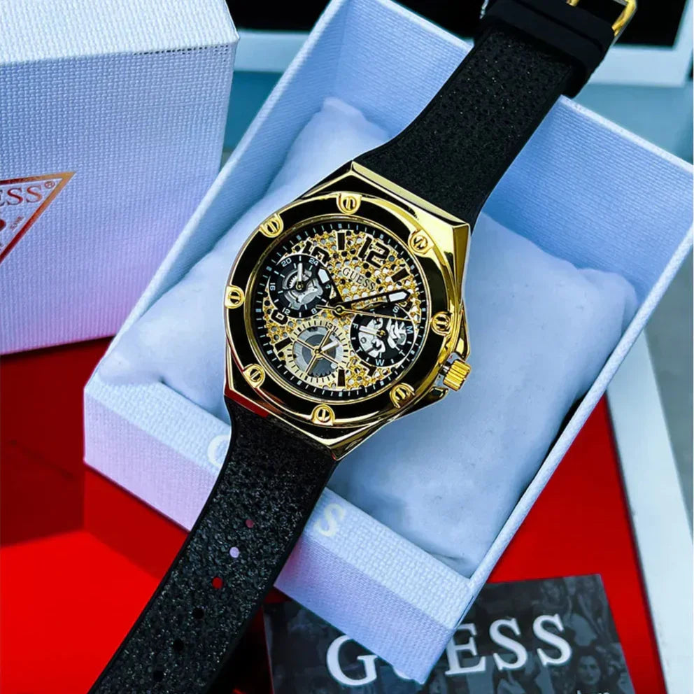 Guess Asteria Multifunction Gold Dial Black Rubber Strap Watch For Women - GW0620L2