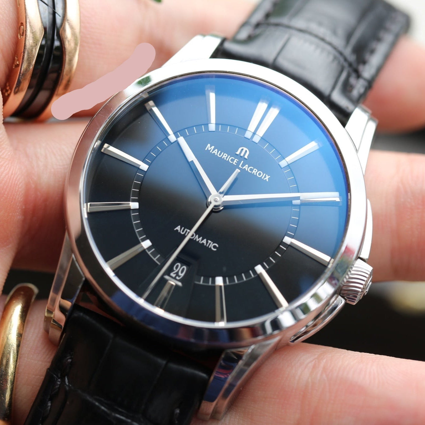 Maurice Lacroix Pontos Date Automatic Black Dial Black Leather Strap Watch For Men - PT6148-SS001-330