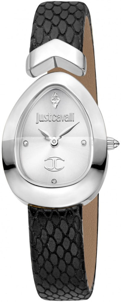 Just Cavalli Diversa Snake Silver Dial Black Leather Strap Watch for Women - JC1L321L0015