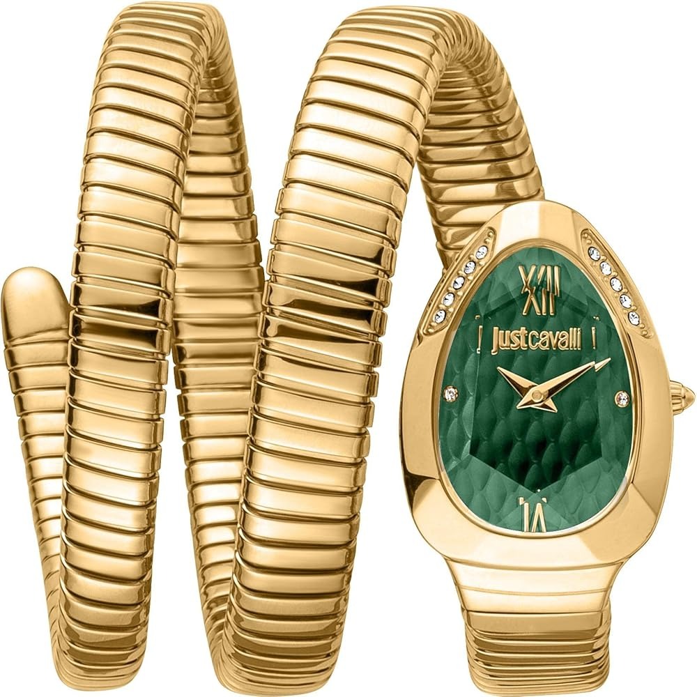 Just Cavalli Serpente Metallica Green Dial Gold Steel Strap Watch for Women - JC1L224M0045
