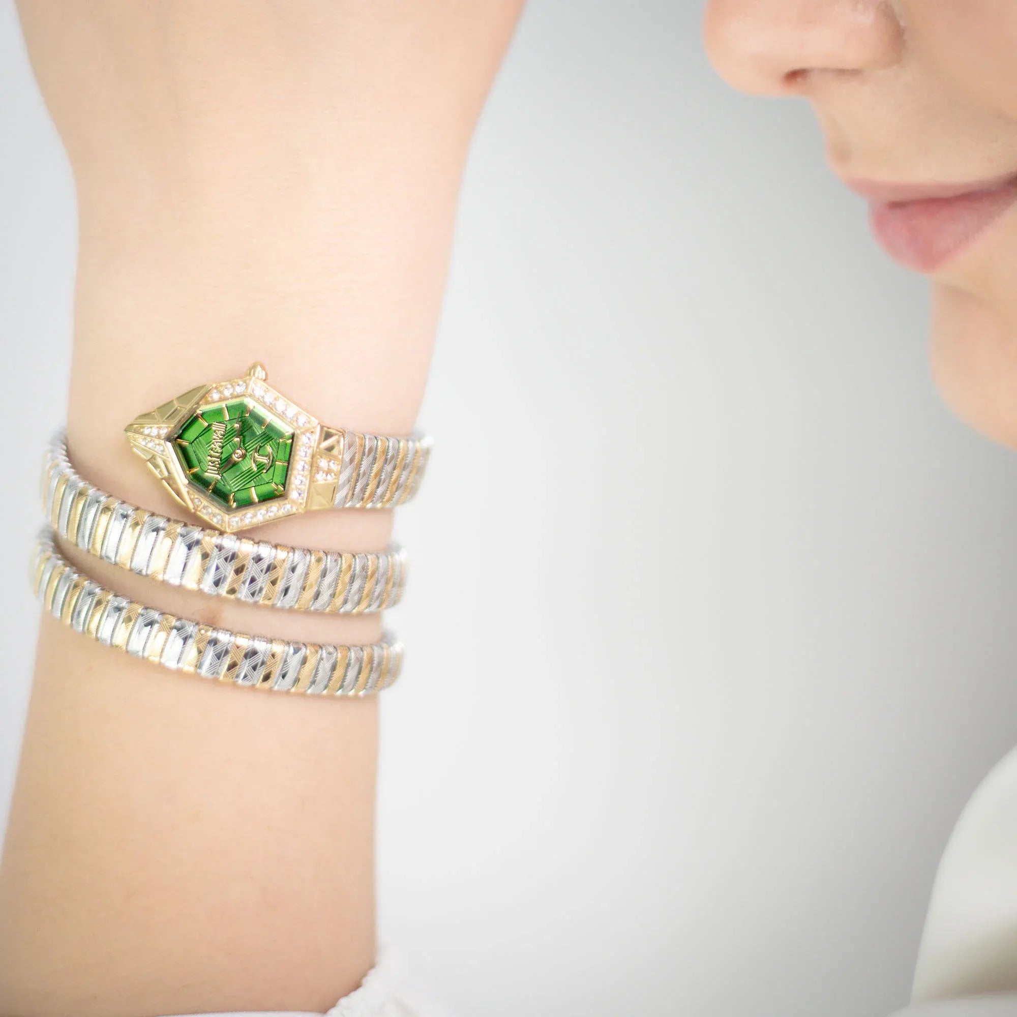 Just Cavalli Mesmerizing Green Dial Two Tone Steel Strap Watch for Women - JC1L304M0065