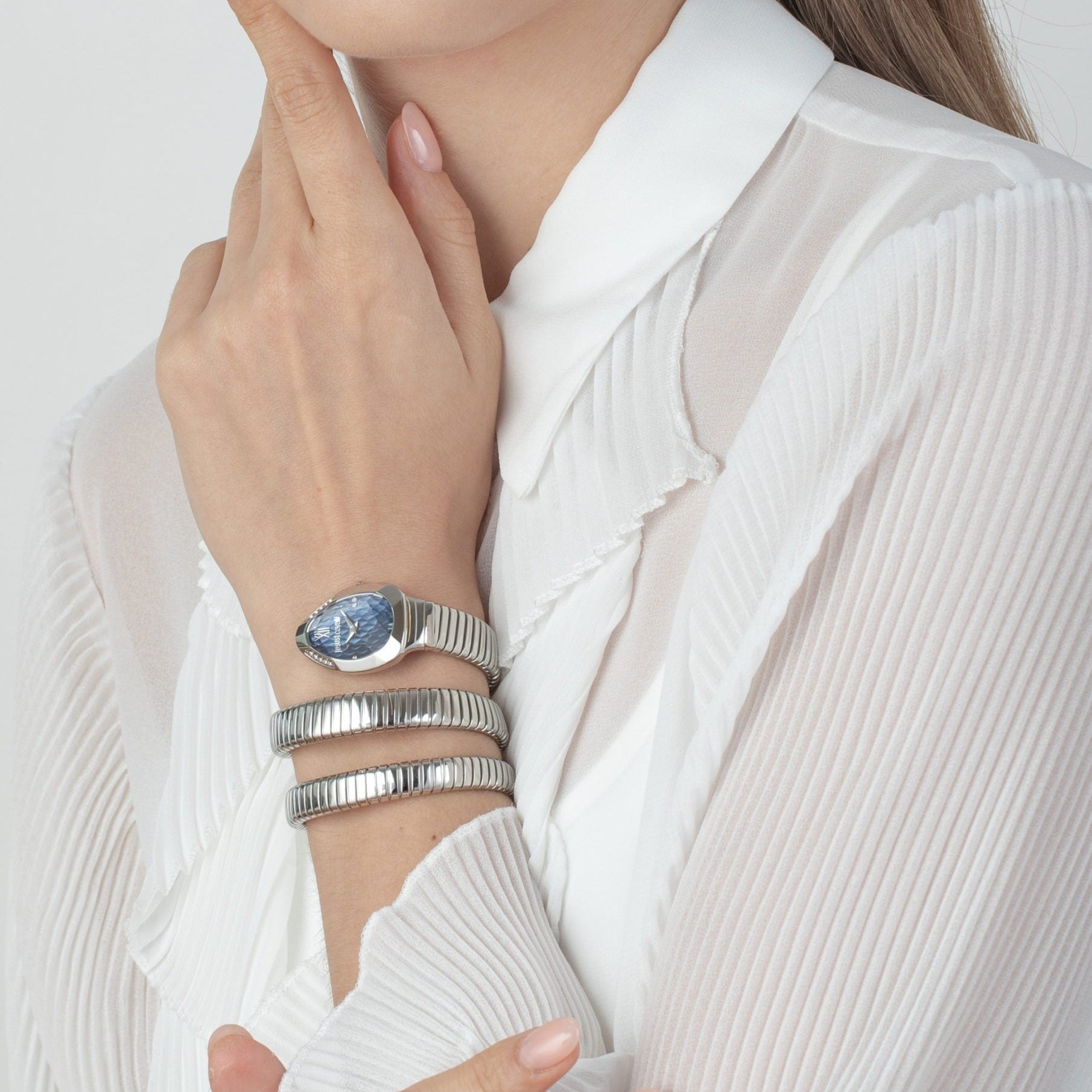 Just Cavalli Serpente Metallica Blue Dial Silver Steel Strap Watch for Women - JC1L224M0025