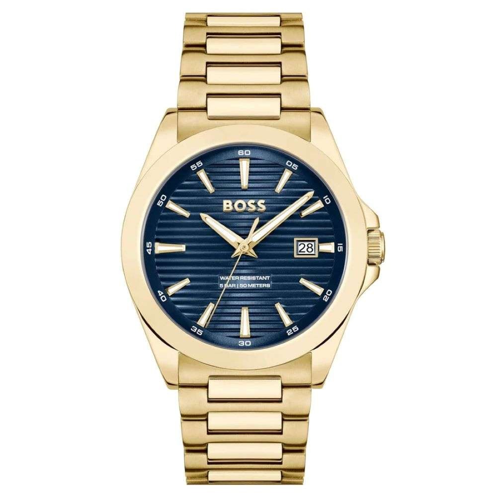 Hugo Boss Strike Blue Dial Gold Steel Strap Watch for Men - 1514172