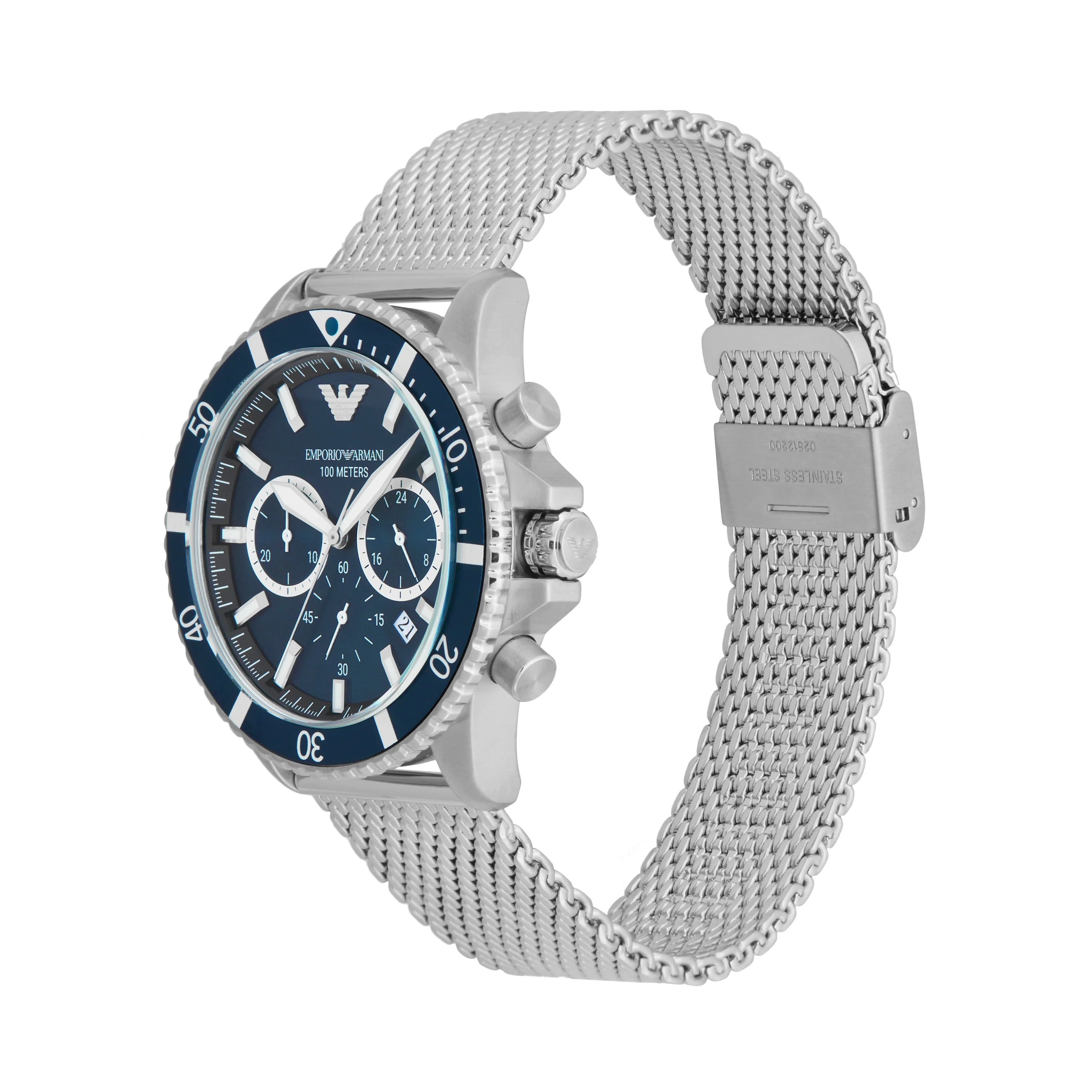 Emporio Armani Diver Chronograph Blue Dial Silver Mesh Strap Watch for Men - AR11587