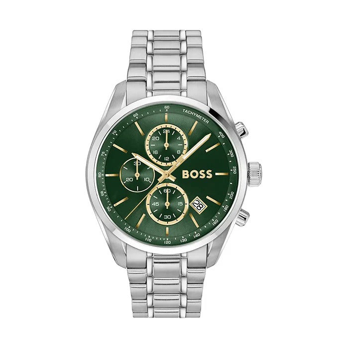 Hugo Boss Grand Prix Chronograph Green Dial Silver Steel Strap Watch for Men - 1514266
