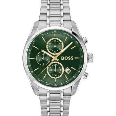 Hugo Boss Grand Prix Chronograph Green Dial Silver Steel Strap Watch for Men - 1514266