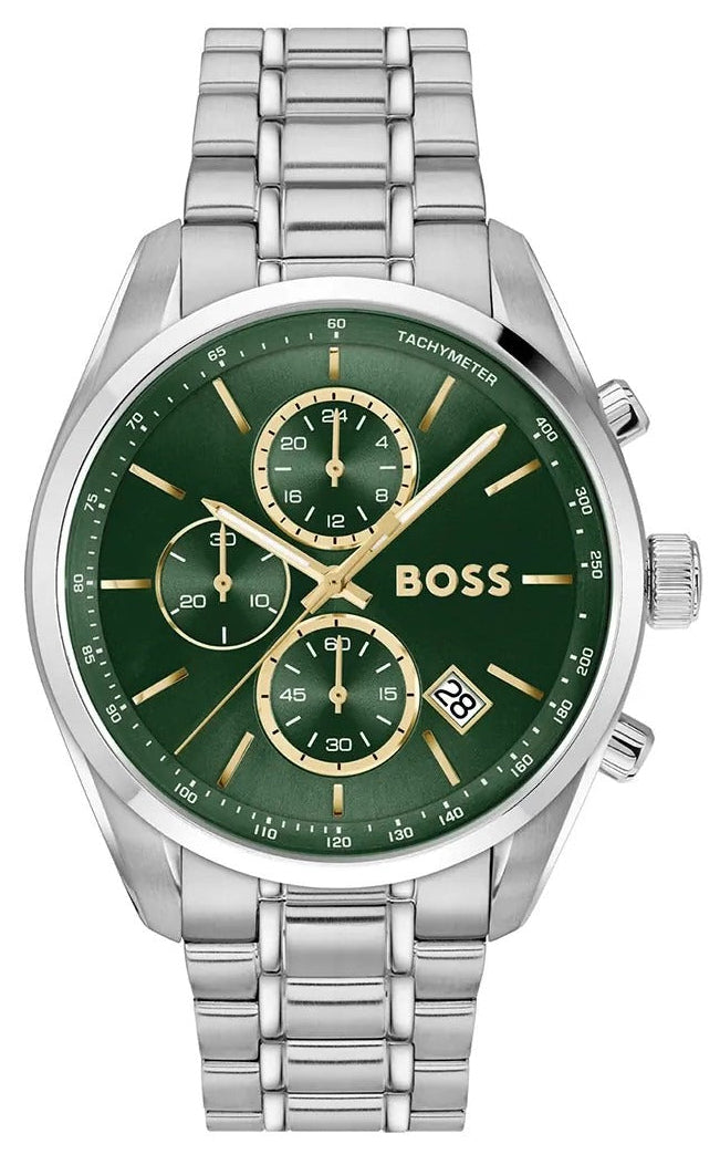 Hugo Boss Grand Prix Chronograph Green Dial Silver Steel Strap Watch for Men - 1514266