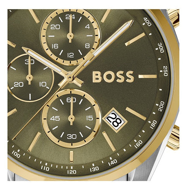 Hugo Boss Grand Prix Chronograph Green Dial Two Tone Steel Strap Watch for Men - 1514227