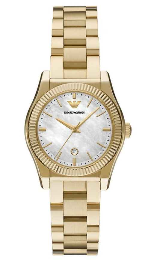 Emporio Armani Federica Mother of Pearl White Dial Gold Steel Strap Watch for Women - AR11657