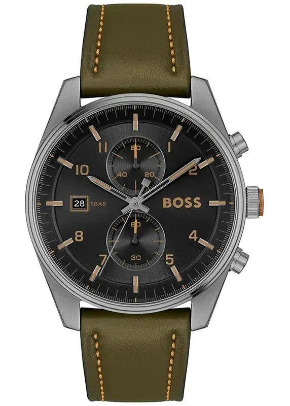 Hugo Boss Skytraveller Chronograph Black Dial Green Leather Strap Watch for Men - 1514148