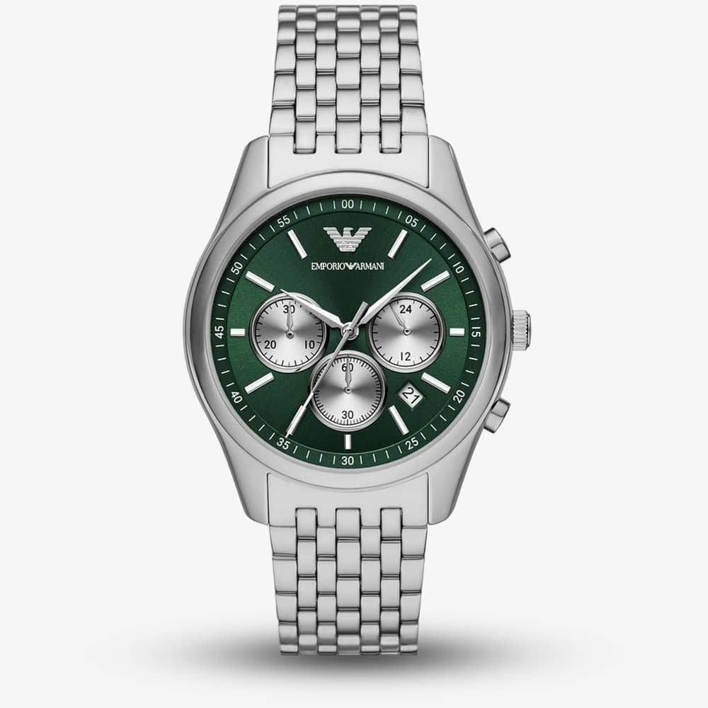 Emporio Armani Antonio Chronograph Green Dial Silver Steel Strap Watch for Men - AR11581