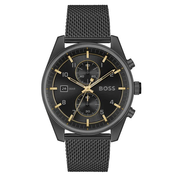Hugo Boss Skytraveller Chronograph Black Dial Black Mesh Strap Watch for Men - 1514150