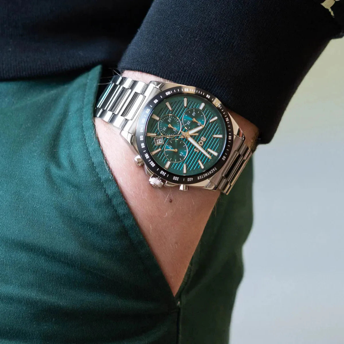 Hugo Boss Strike Chronograph Green Dial Silver Steel Strap Watch for Men - 1514241