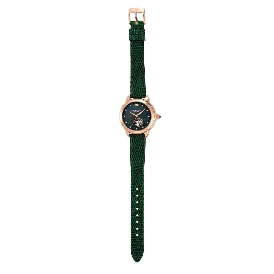 Emporio Armani Mia Meccanico Mother of Pearl Dial Green Leather Strap Watch for Women - AR60073