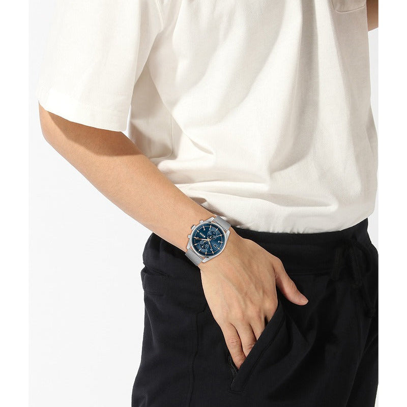 Hugo Boss Skytraveller Chronograph Blue Dial Silver Mesh Strap Watch for Men - 1514149