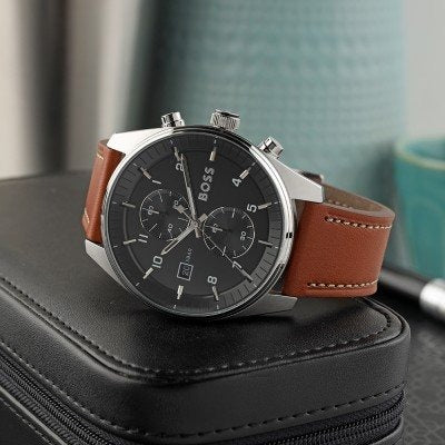 Hugo Boss Skytraveller Chronograph Black Dial Blue Leather Strap Watch for Men - 1514161