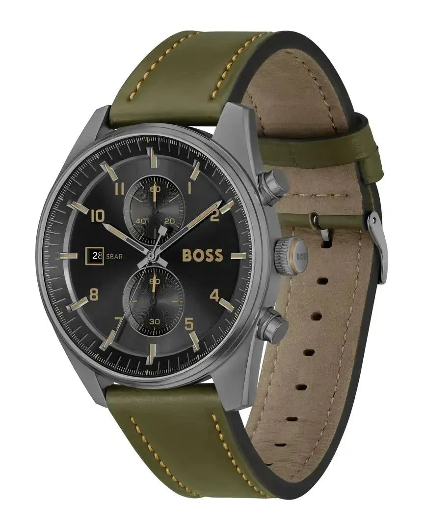 Hugo Boss Skytraveller Chronograph Black Dial Green Leather Strap Watch for Men - 1514148
