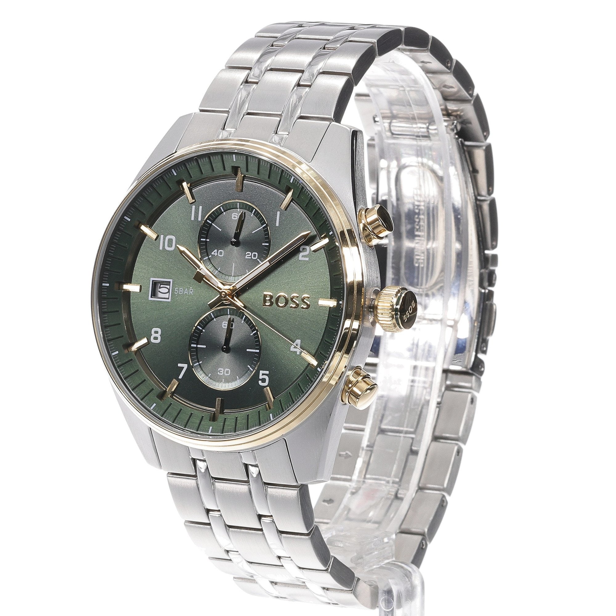 Hugo Boss Skytraveller Chronograph Green Dial Silver Steel Strap Watch for Men - 1514195