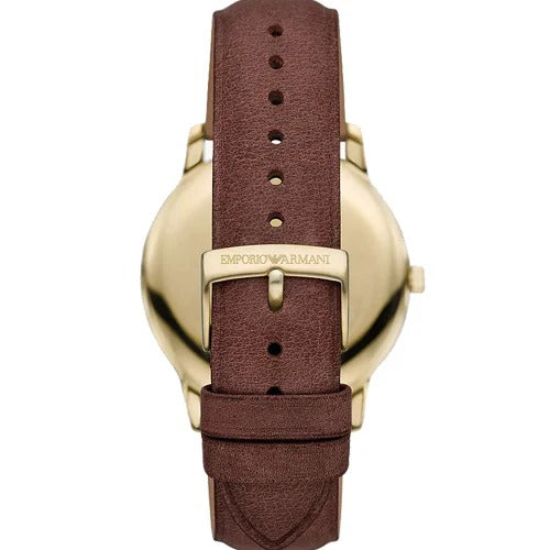 Emporio Armani Minimalist Quartz Gold Dial Brown Leather Strap Watch for Men - AR11610