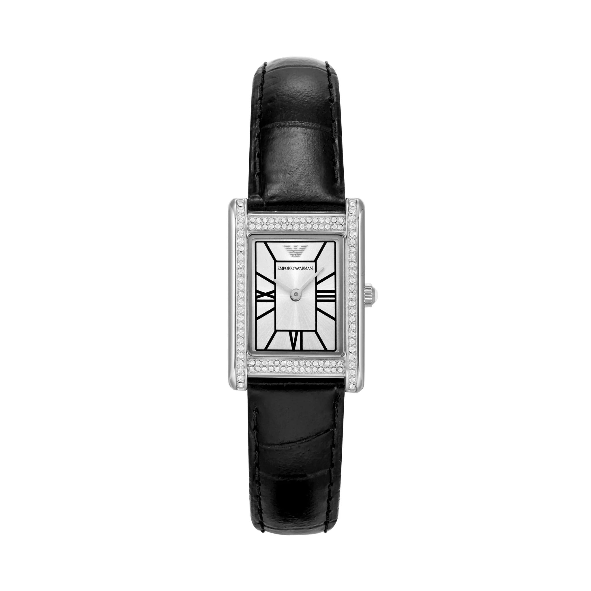 Emporio Armani Two Hand Crystals Silver Dial Black Leather Strap Watch for Women - AR11623