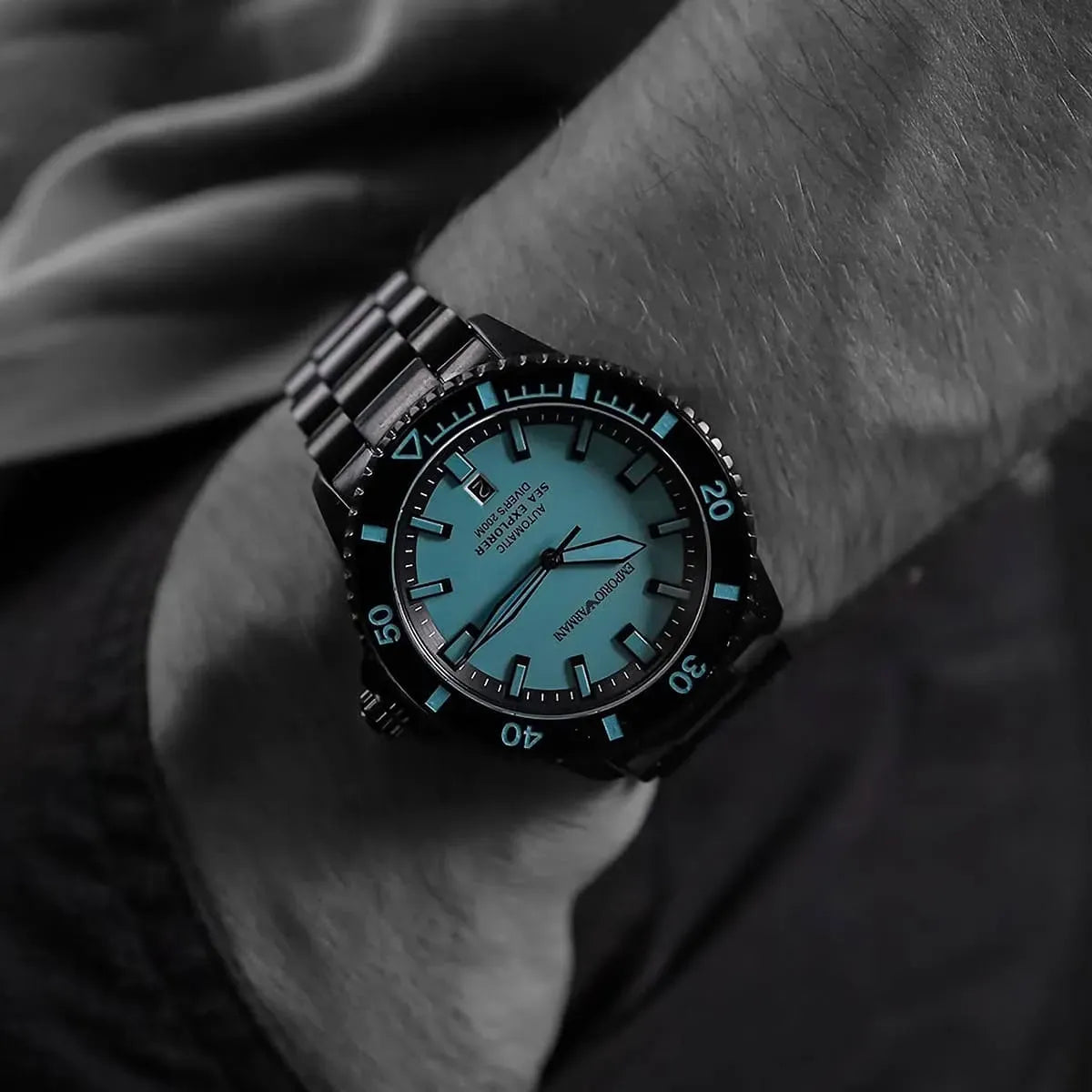 Emporio Armani Sea Explorer Turquoise Blue Dial Black Steel Strap Watch for Men - AR60084