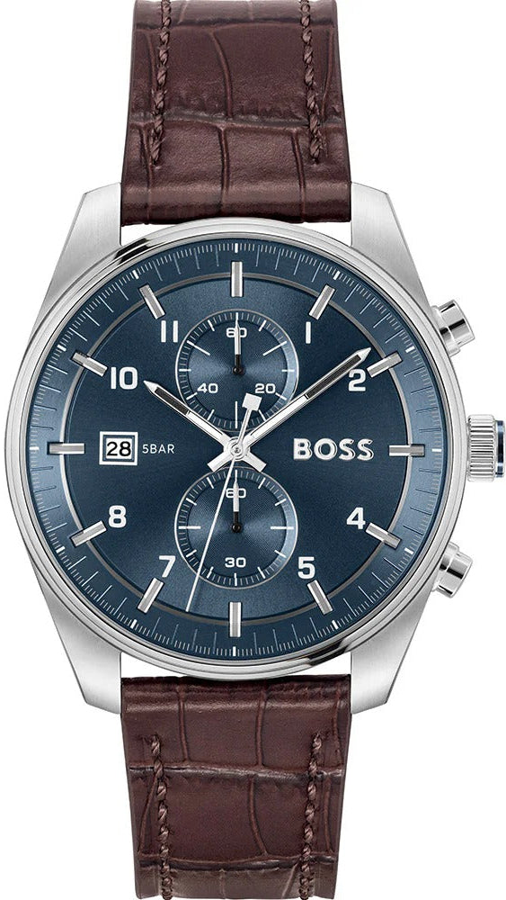 Hugo Boss Skytraveller Chronograph Blue Dial Brown Leather Strap Watch for Men - 1514194