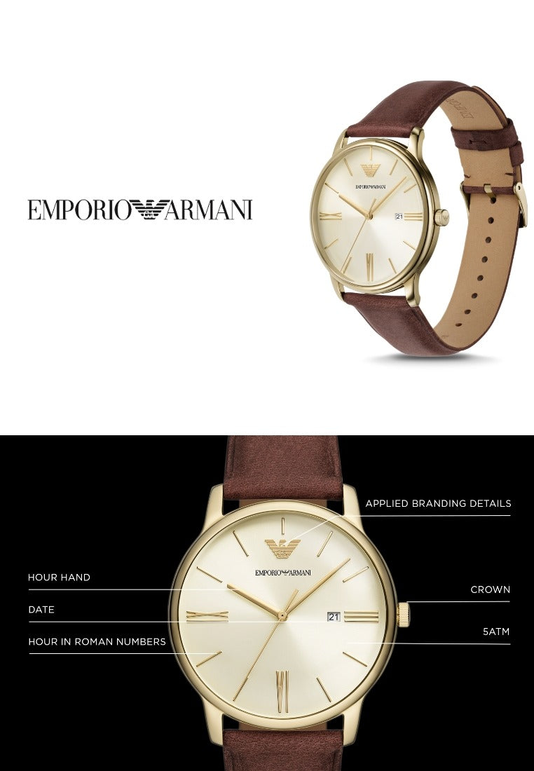 Emporio Armani Minimalist Quartz Gold Dial Brown Leather Strap Watch for Men - AR11610