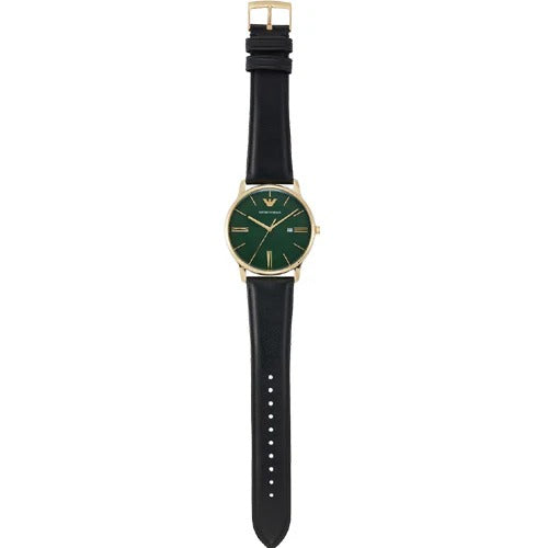 Emporio Armani Minimalist Green Dial Black Leather Strap Watch for Men - AR11601