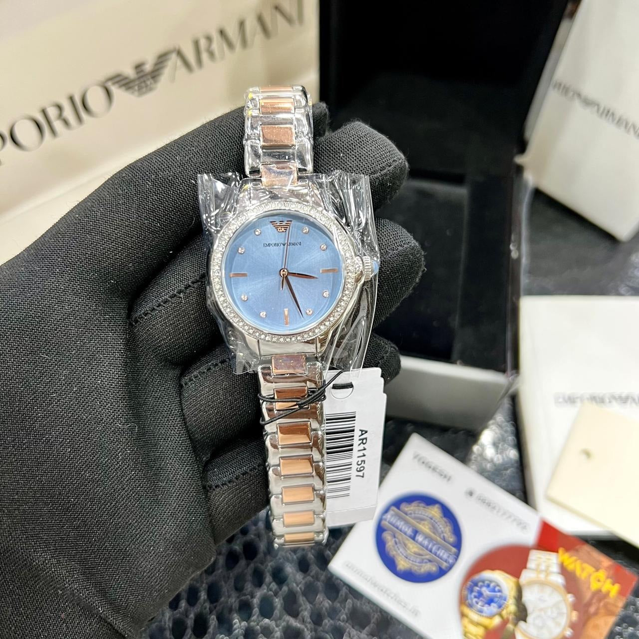 Emporio Armani Three Hand Blue Dial Two Tone Steel Strap Watch for Women - AR11597