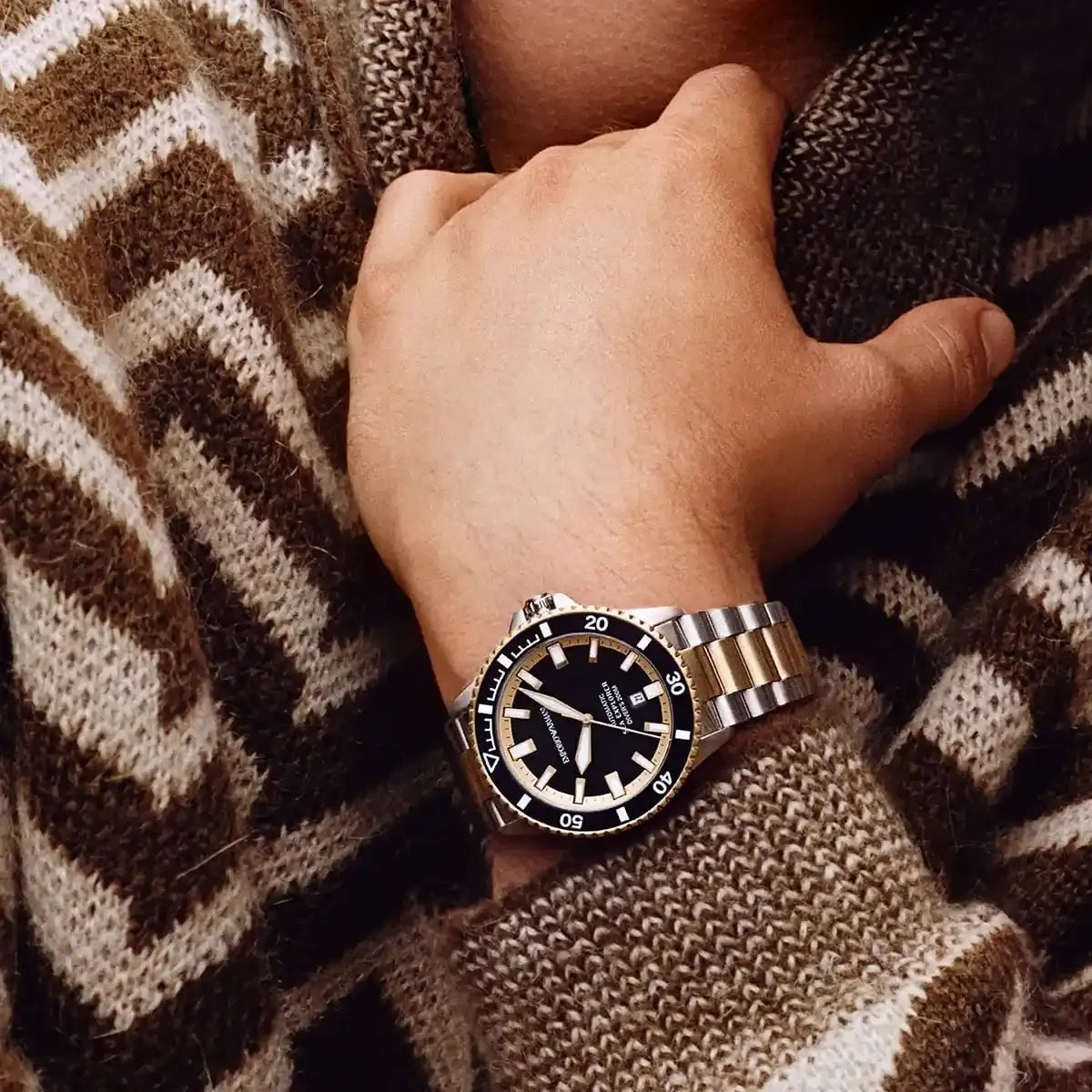 Emporio Armani Sea Explorer Black Dial Two Tone Steel Strap Watch for Men - AR60089