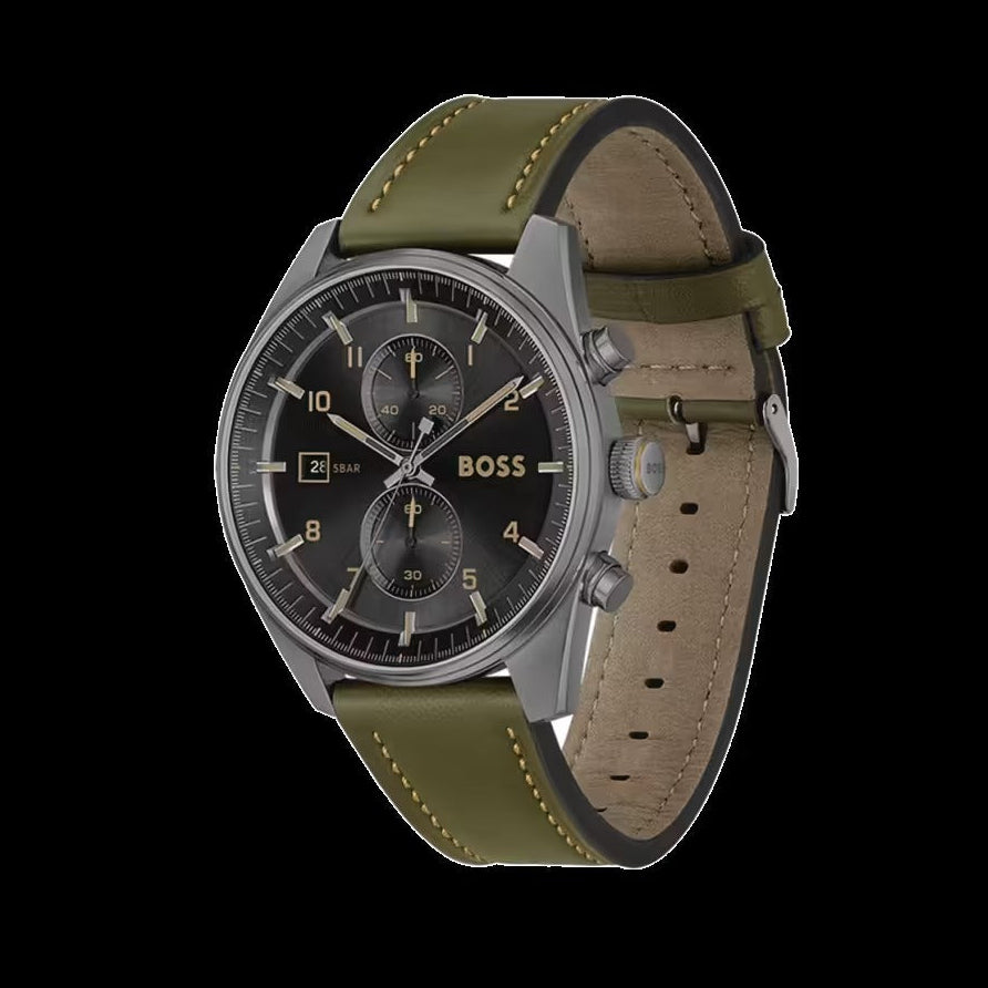 Hugo Boss Skytraveller Chronograph Black Dial Green Leather Strap Watch for Men - 1514148