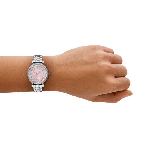 Emporio Armani Gianni T-Bar Pink Dial Silver Steel Strap Watch for Women - AR11686