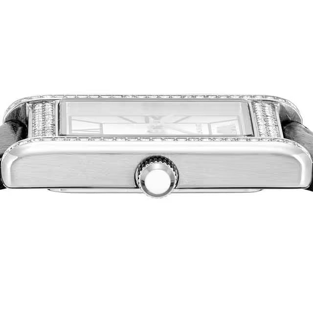 Emporio Armani Two Hand Crystals Silver Dial Black Leather Strap Watch for Women - AR11623