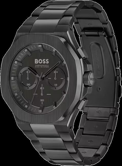 Hugo Boss Taper Chronograph Black Dial Black Steel Strap Watch for Men - 1514088