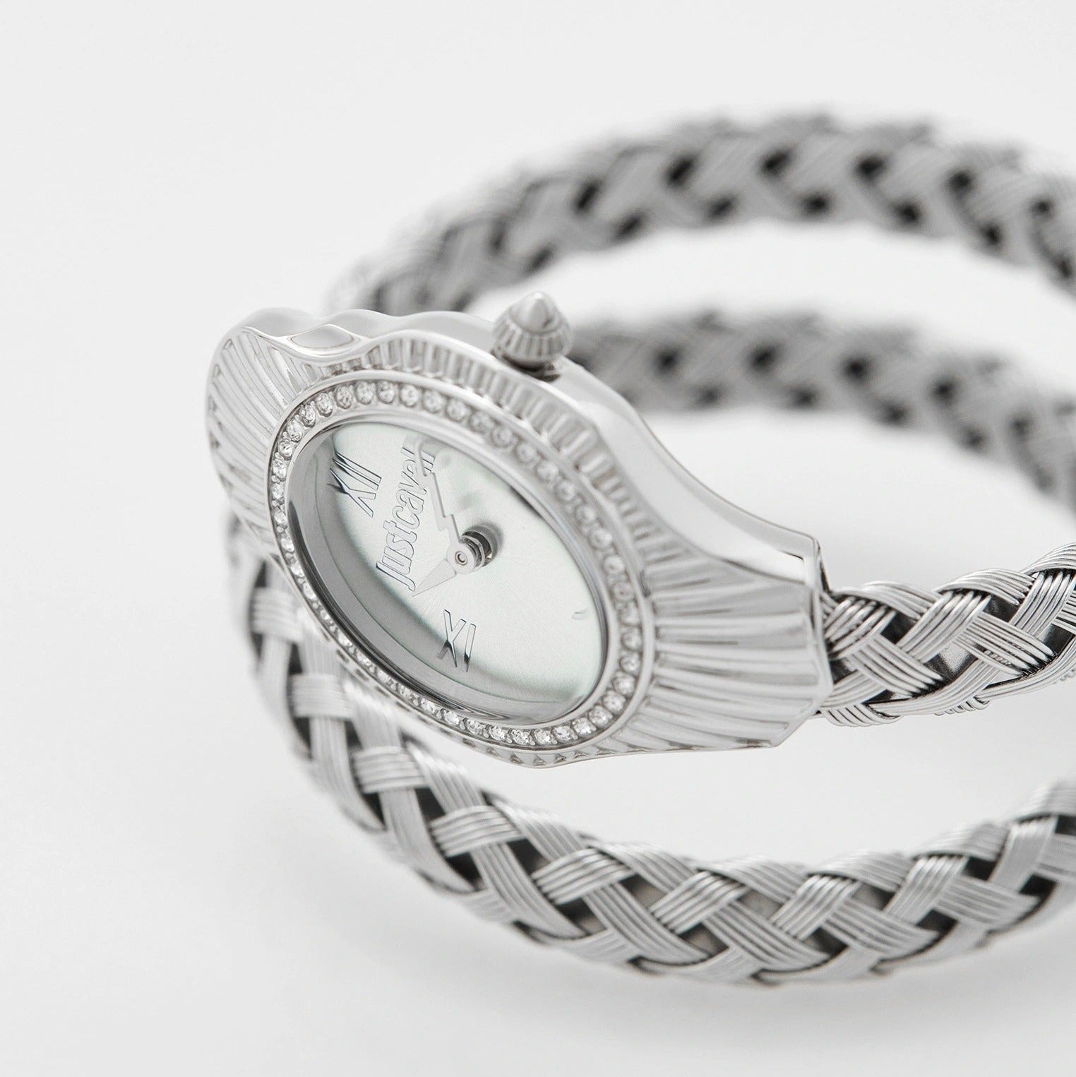 Just Cavalli Twined Mother of Pearl Dial Silver Steel Strap Watch for Women - JC1L305M0015