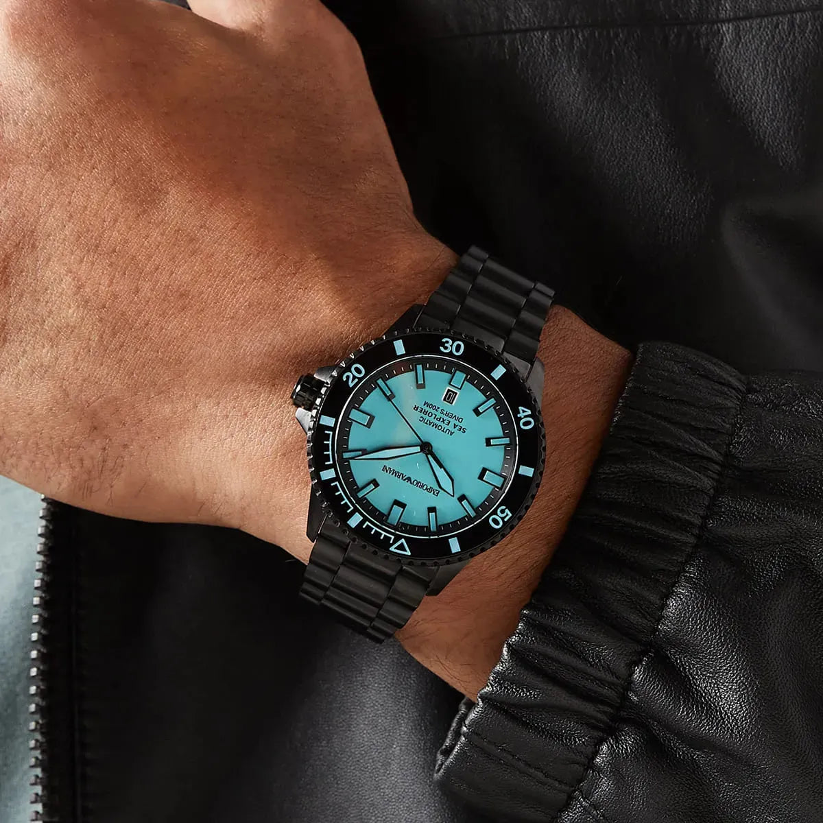Emporio Armani Sea Explorer Turquoise Blue Dial Black Steel Strap Watch for Men - AR60084